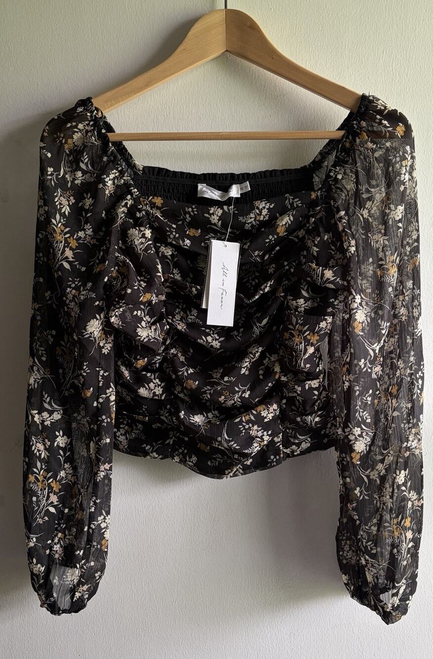 NWT All In Favor LUSH Ruched Square Neck Blouse Top XS Black Bouquet Floral NEW